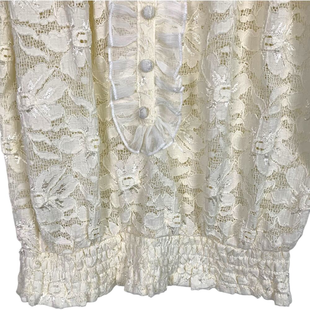 AMERICAN RAG Women L Ivory Floral Lace Sequin Trim Peasant Smocked Top - Picture 4 of 10